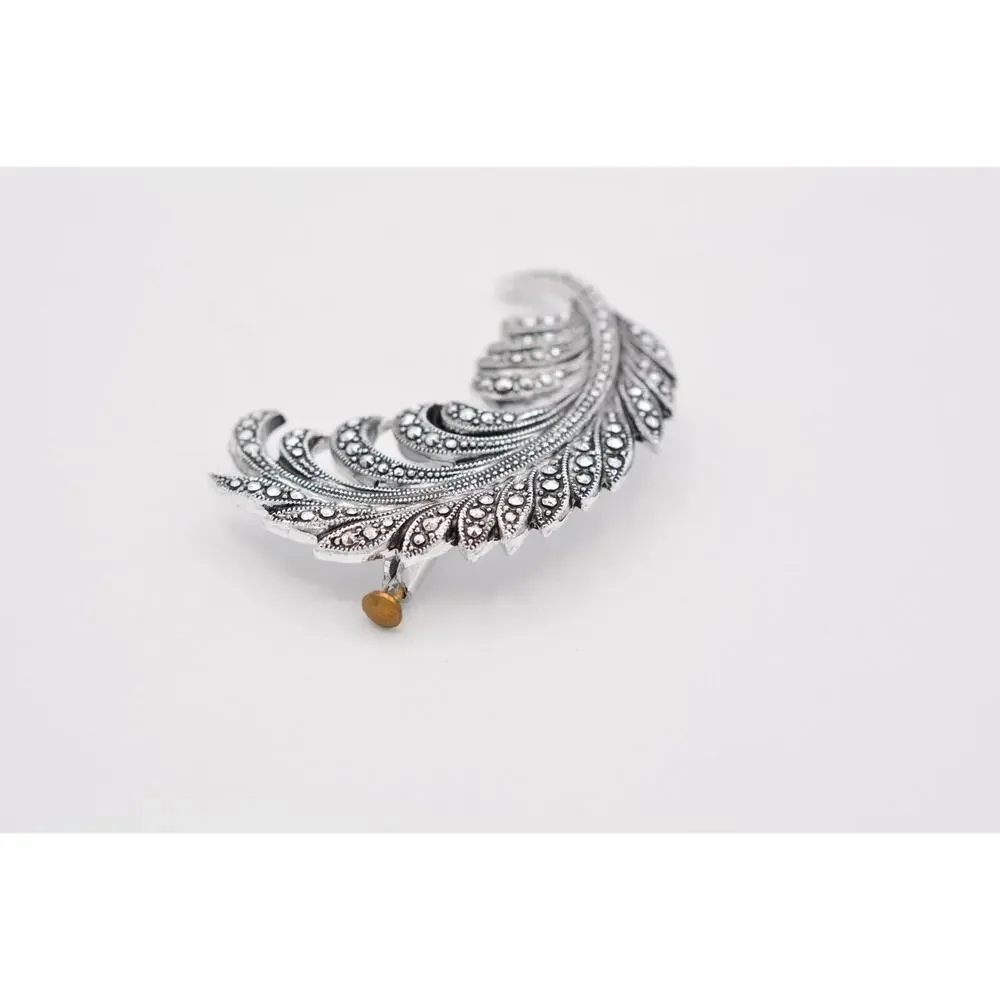 West Germany Vintage Leaf Pin Feather Brooch Silver Lightweight Signed 70s Bin5A